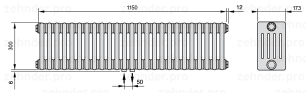 Схема (чертеж) Радиатор Zehnder Charleston 5030/25 №3470 Белый глянцевый RAL 9016